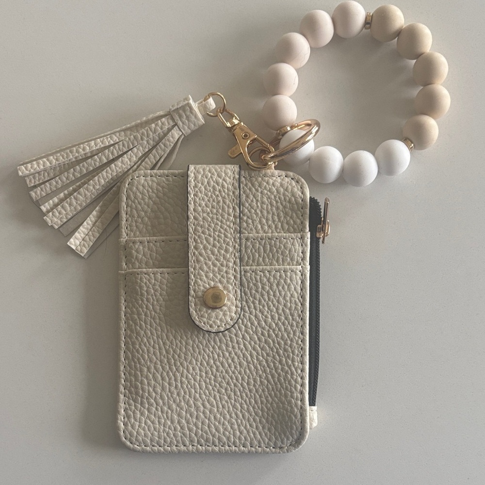 Beaded Wristlet Card Wallet in Cream with Tassel